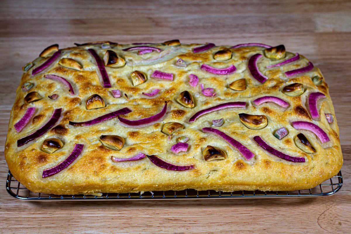 Focaccia With Garlic And Pickled Red Onions - SGWAK